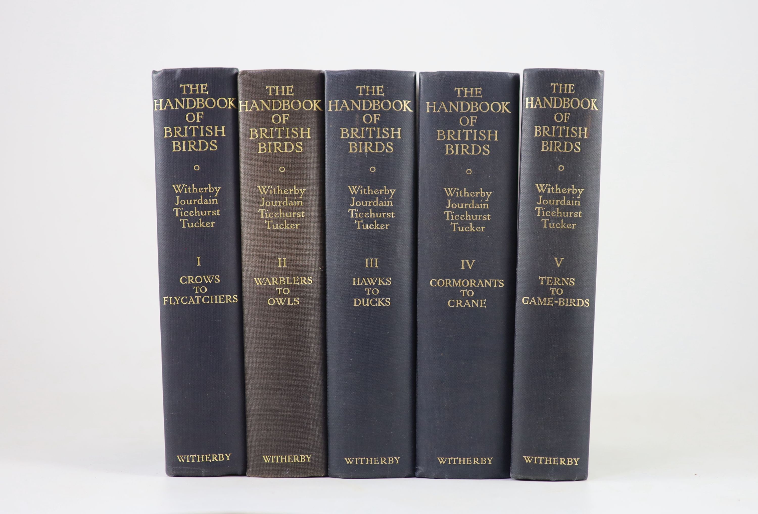 Witherby, H.F. [and others] - The Handbook of British Birds. 5 vols, 1st edition. Complete with the listed 147 plates (both coloured and black and white), and numerous text illustrations. Publishers’ cloth, gilt lettered